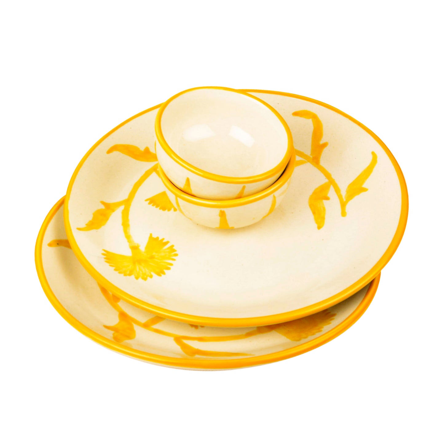 “The Lucid Yellow Collection” Hand Painted Ceramic Floral 2 Dinner Serving Plates with 2 Dinner Bowls (Set of 4, Yellow & Off White, Plate Diameter – 10 inches) - View 5