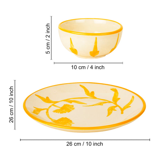 “The Lucid Yellow Collection” Hand Painted Ceramic Floral 2 Dinner Serving Plates with 2 Dinner Bowls (Set of 4, Yellow & Off White, Plate Diameter – 10 inches) - View 2