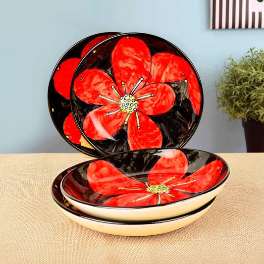 Handpainted Ceramic Floral Round Pasta Serving Plates (Set of 4, 8.5 inches , Red & Black) - View 2
