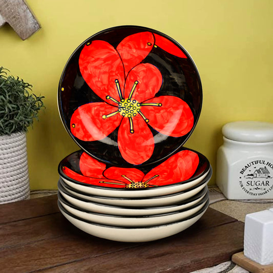 Handpainted Ceramic Floral Round Pasta Serving Plates (Set of 6, 8.5 inches , Red & Black) - View 2