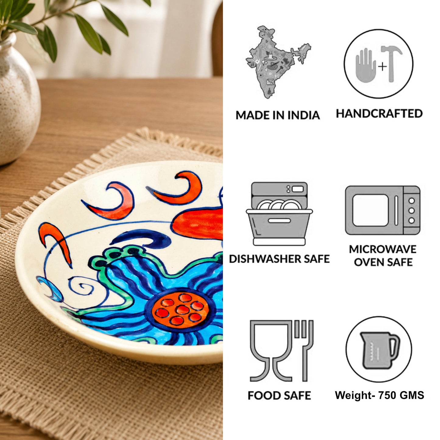Handpainted Ceramic Floral Round Pasta Serving Plates (Set of 4, 8.5 inches , Off White & Multicolor)