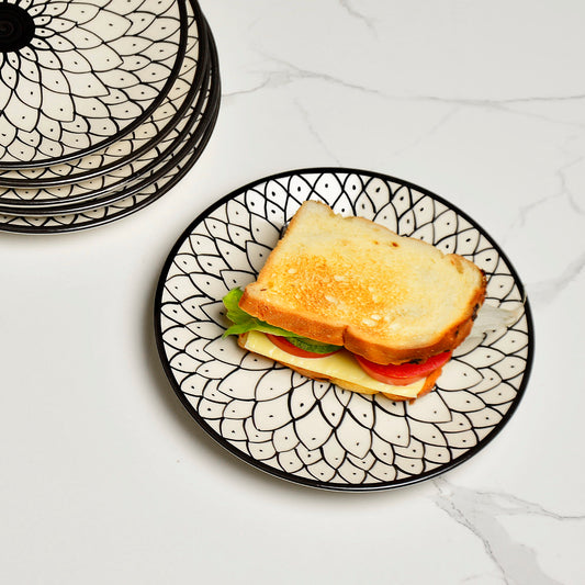 Hand Painted Black and White Spiral Ceramic Quarter Plates (7 inches, Set of 6) - View 2