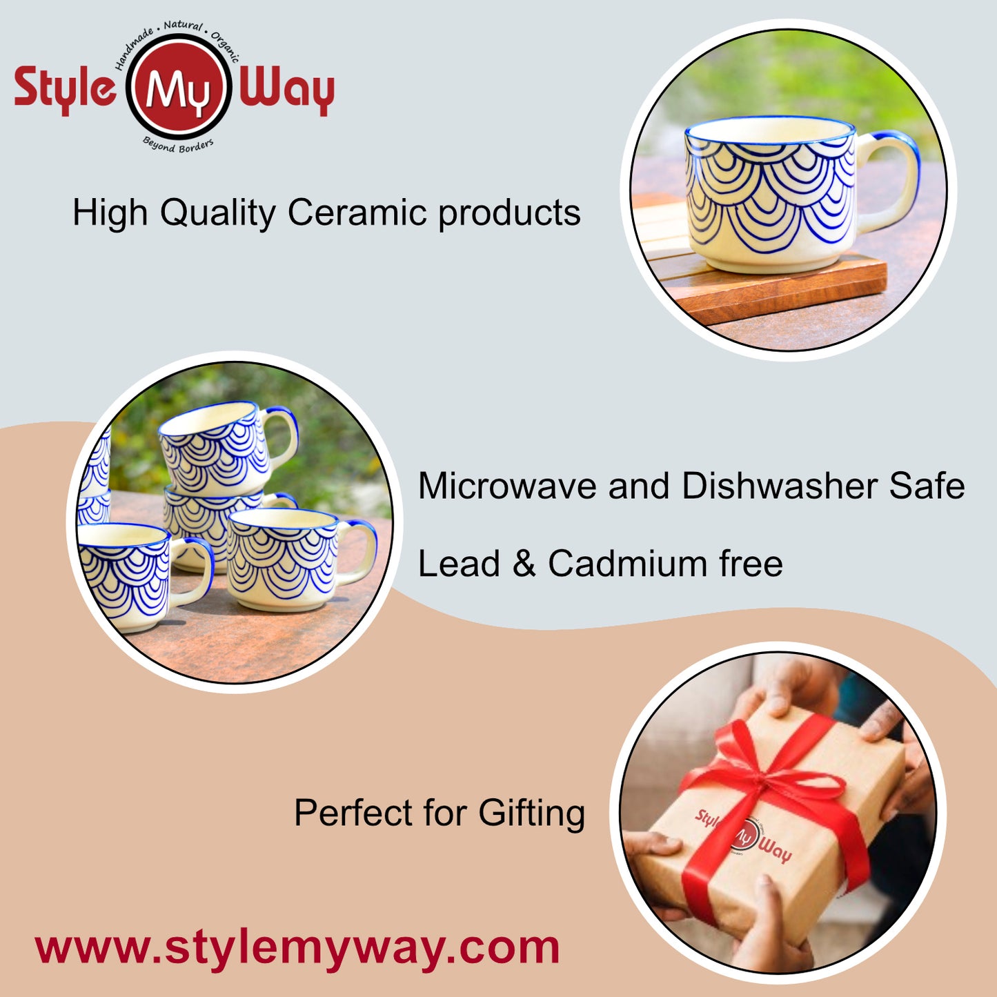 Hand Painted Blue Spiral Ceramic Cups (Set of 6, Blue, 150 ml) - View 7