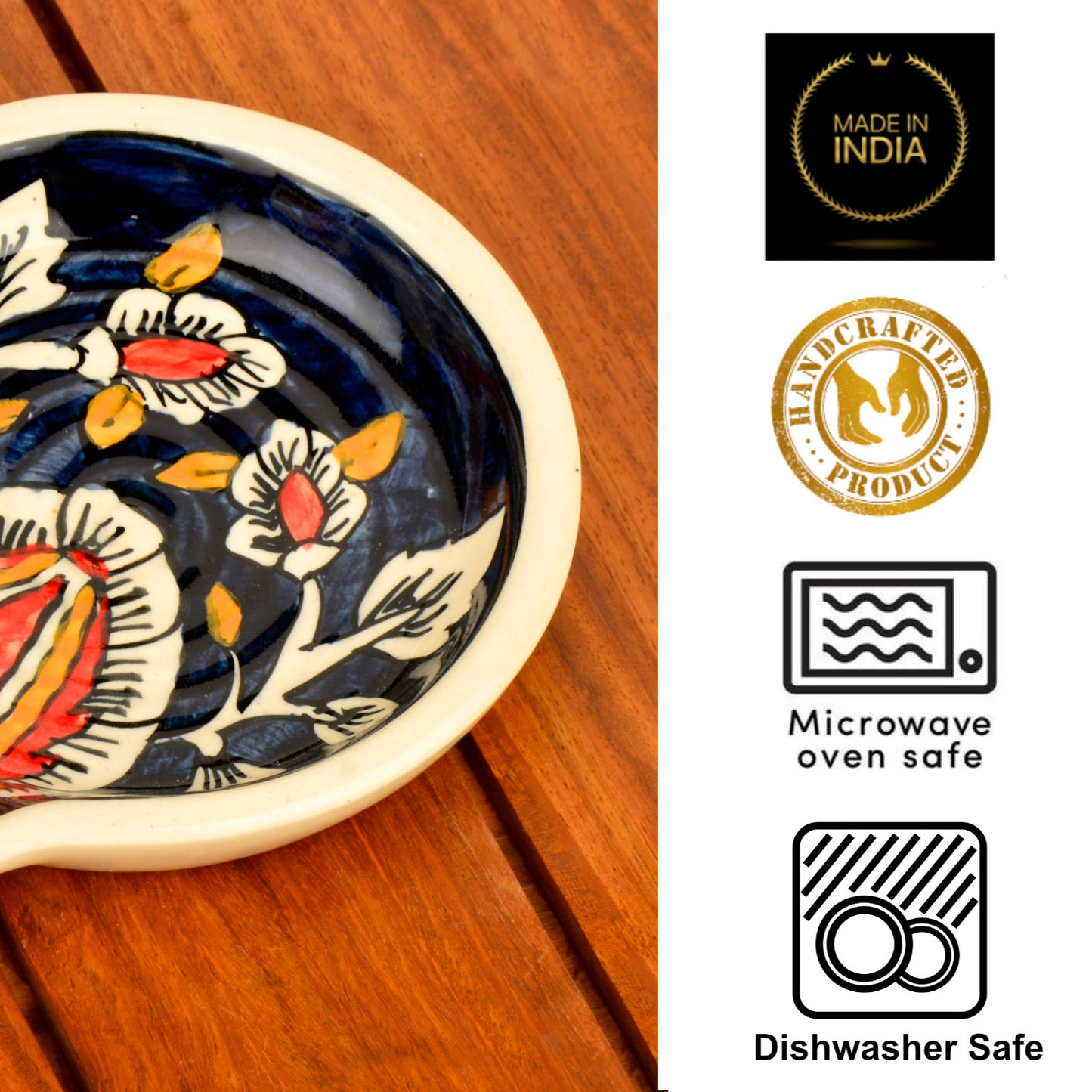 Hand Painted Round Big Ceramic Spoon Rest Combo for Kitchen, Dining Table (Set of 2, Blue, L x B - 14.5 x 12.5 cm) - View 6