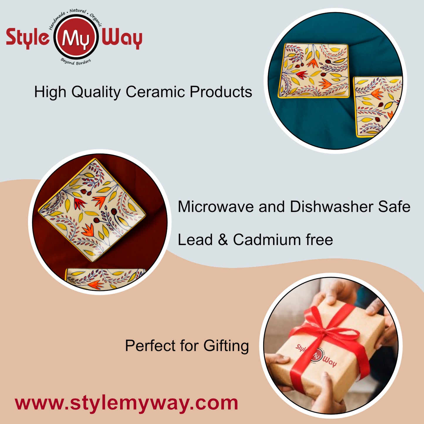 Premium Hand Painted in Traditional Design Ceramic Square Platter Set (Set of 2, Multicolor, L x B – 18 cm x 18 cm) - View 6