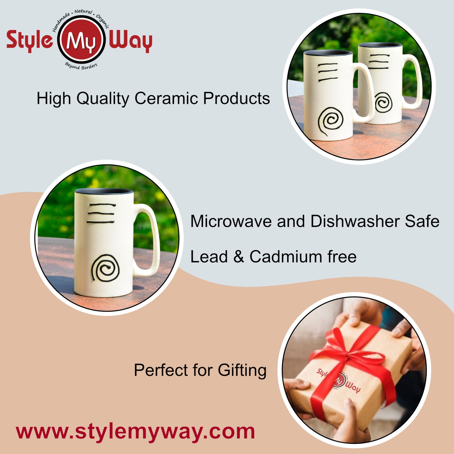 Premium Ceramic Hand-Painted Beer Mugs (450 ml each, Set of 2, Off White and Black) - View 5