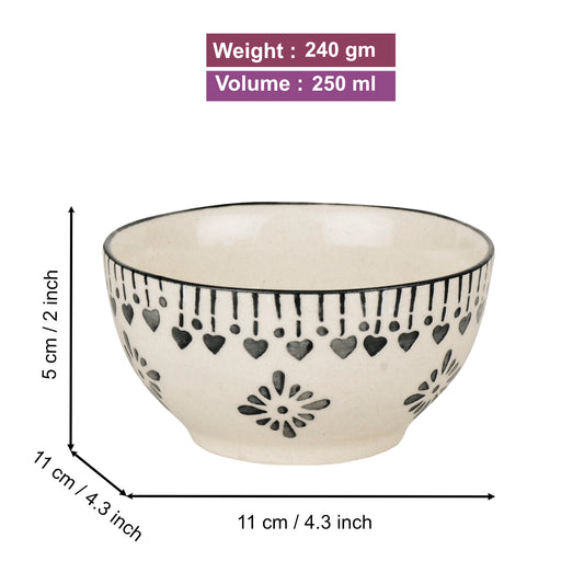 Hand-Painted Ceramic Dinner Serving Bowls (Set of 6, 250 ml each, Off White & Grey)