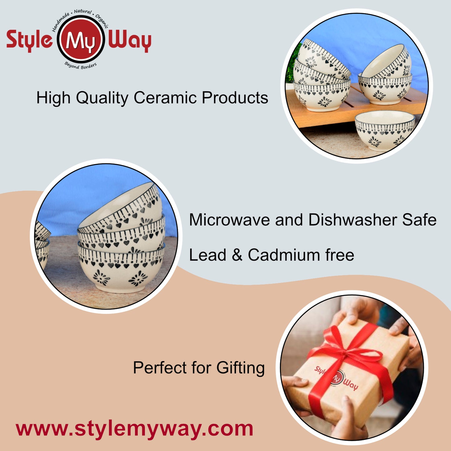 Hand-Painted Ceramic Dinner Serving Bowls (Set of 6, 150 ml each, Off White & Grey) - View 6