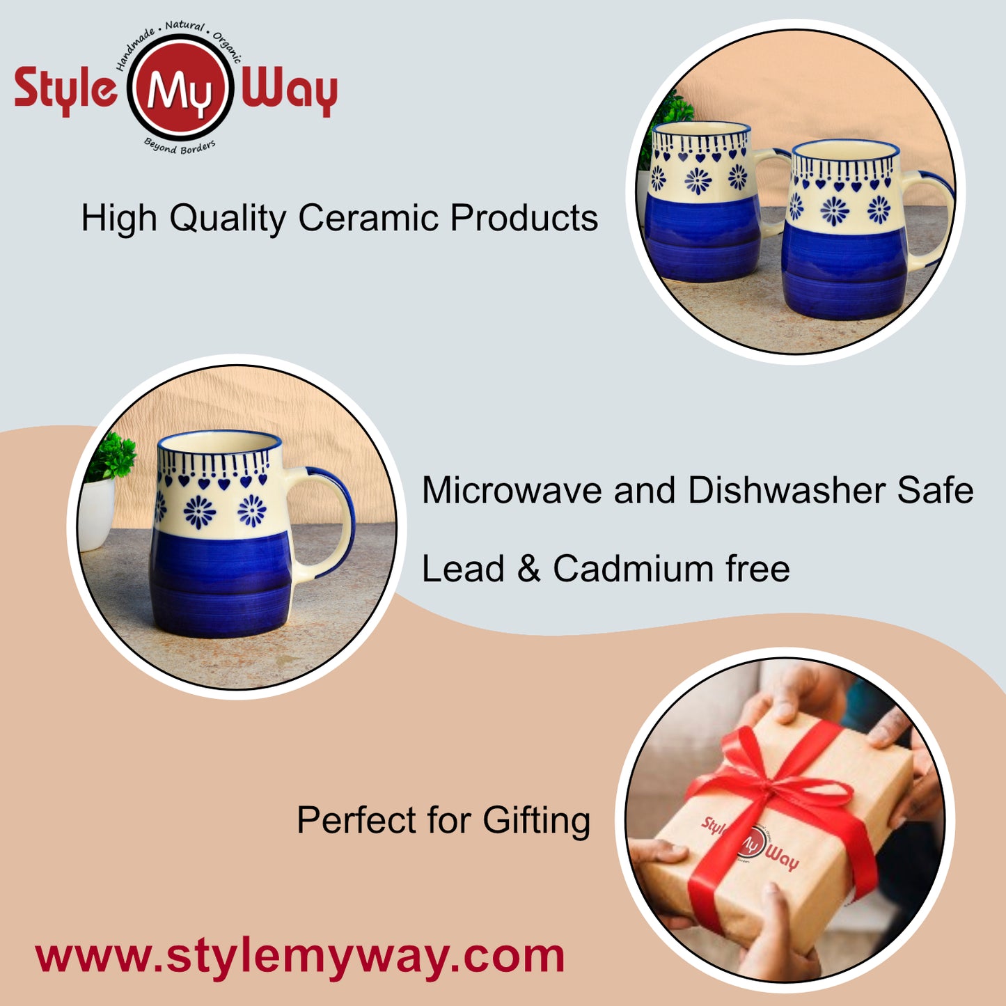 Hand Painted Ceramic Jumbo Coffee Mugs (450 ml, Blue & Off White, Set of 2) - View 6