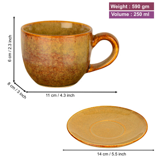 Studio Pottery Ceramic Cups and Saucers (Set of 4, Brown Reactive Glaze, 250 ml each) - View 2