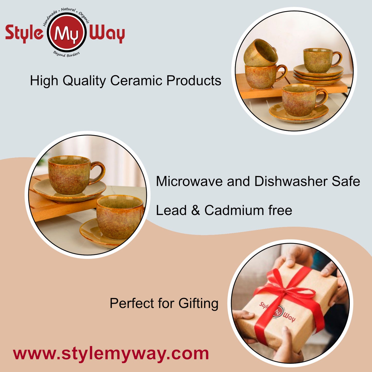 Studio Pottery Ceramic Cups and Saucers (Set of 4, Brown Reactive Glaze, 250 ml each) - View 5