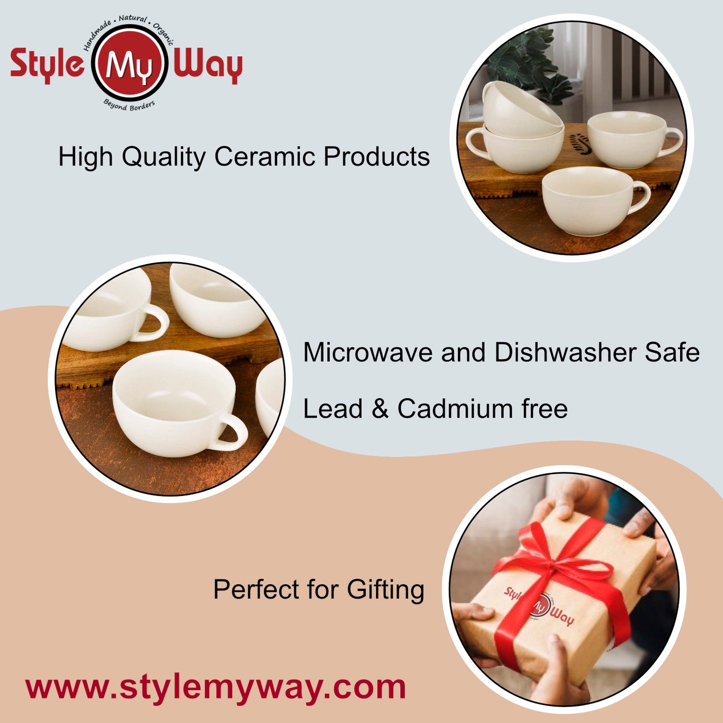 Ceramic Glossy Finish Soup Cups with Handle (280 ml , Set of 4, Off White) - View 6