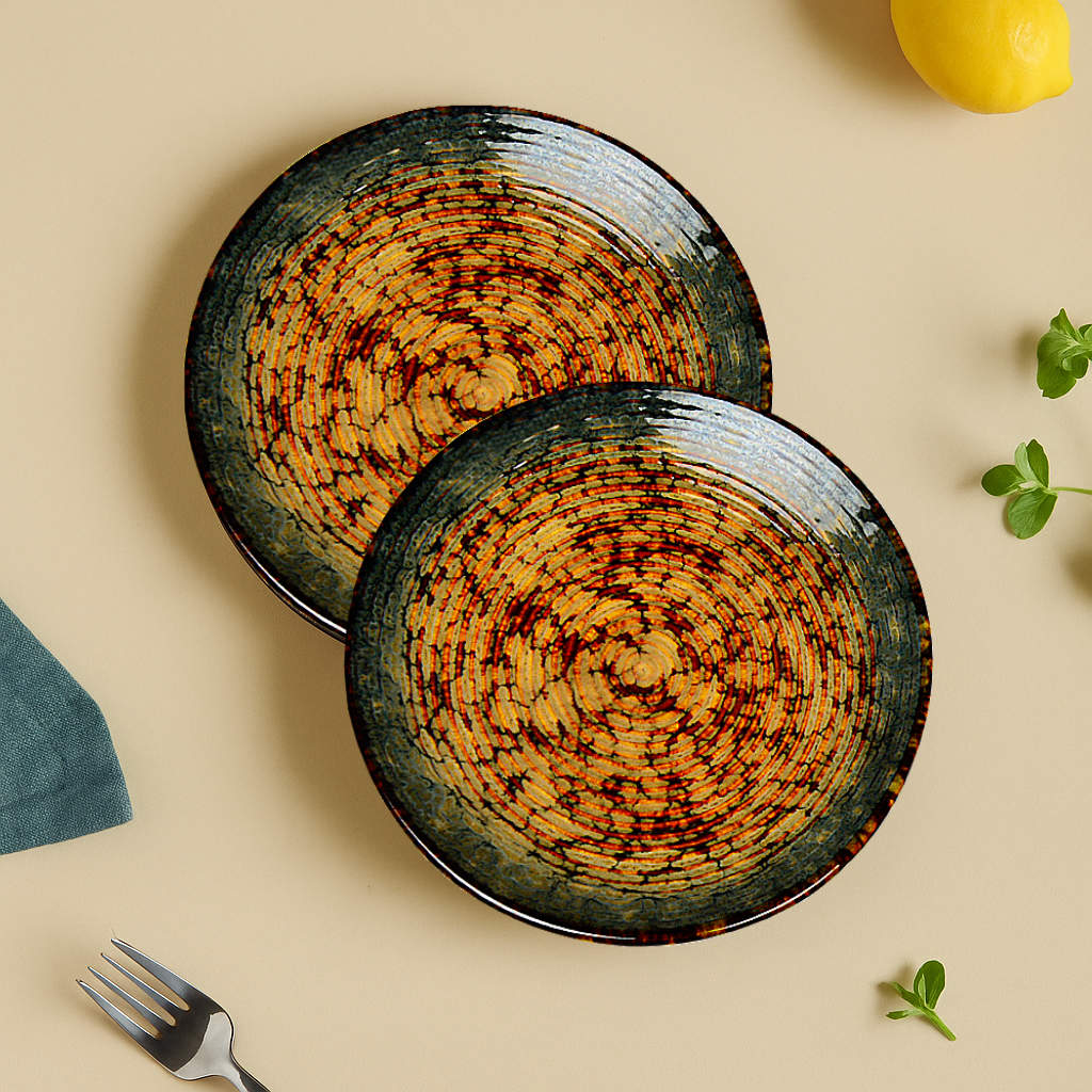"Autumn Glow Collection" Ribbed Ceramic Quarter Plates with Luxury Amber Green Glaze (7 inches, Set of 6) - View 6