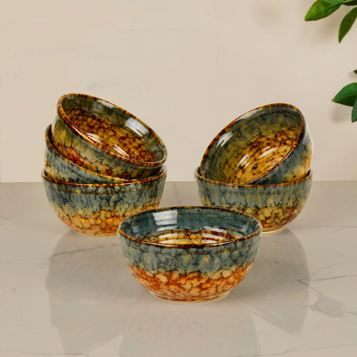 "Autumn Glow Collection" Ceramic Dinner Serving Bowls (Set of 6 , 250 ml each, Amber Green, Brown) - View 5