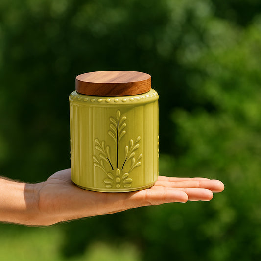 Hand Glazed Multi Utility Embossed Ceramic Jar with Airtight Sheesham Wood Lid ( Set of 2, 500 ml, Olive Green) - View 2