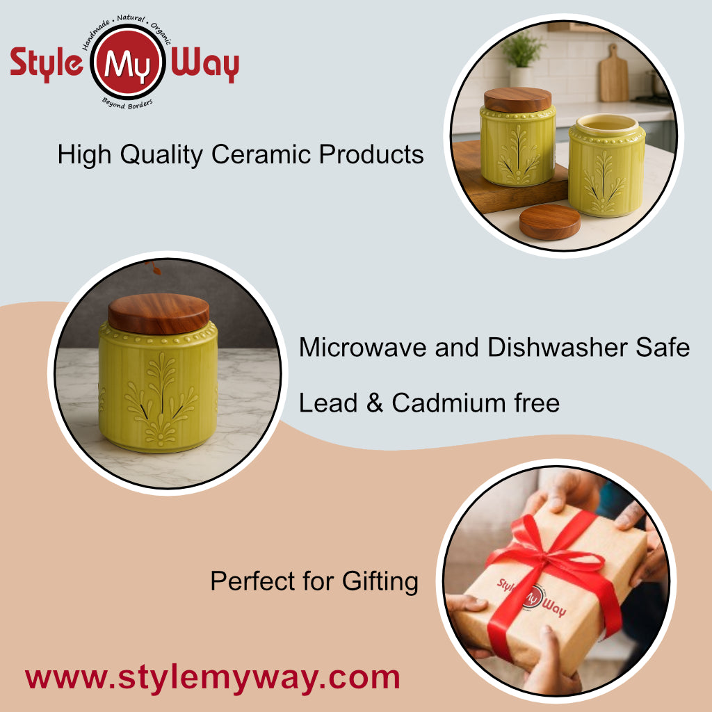 Hand Glazed Multi Utility Embossed Ceramic Jar with Airtight Sheesham Wood Lid ( Set of 2, 500 ml, Olive Green) - View 6