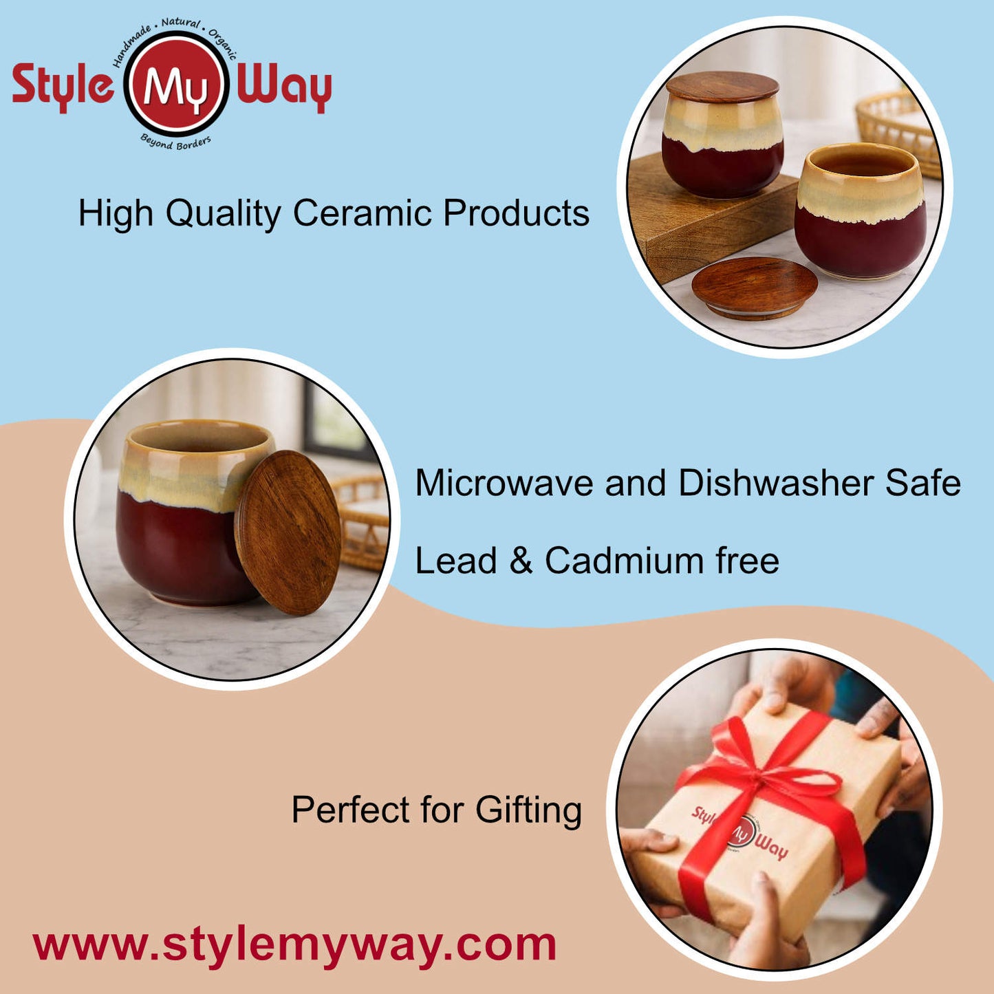 "Autumn Flame" Multi Utility Storage Ceramic Airtight Jar with Sheesham Wooden Lid (Set of 2, 300 ml, Wine with Cream Drip Reactive Glaze) - View 6