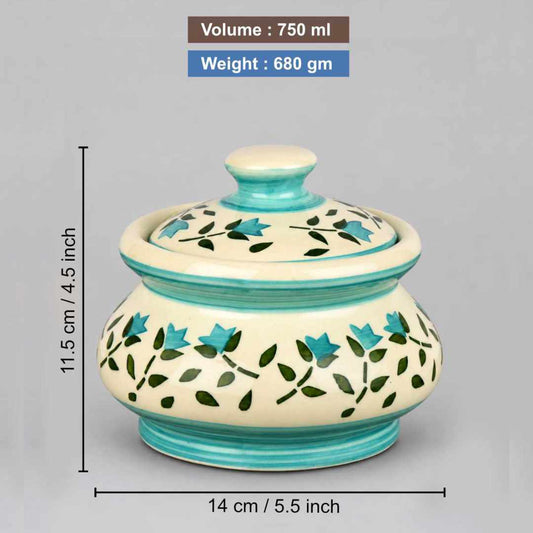 Ceramic Handi with Lid - White - Green - White - 750 ml each - Set of 2