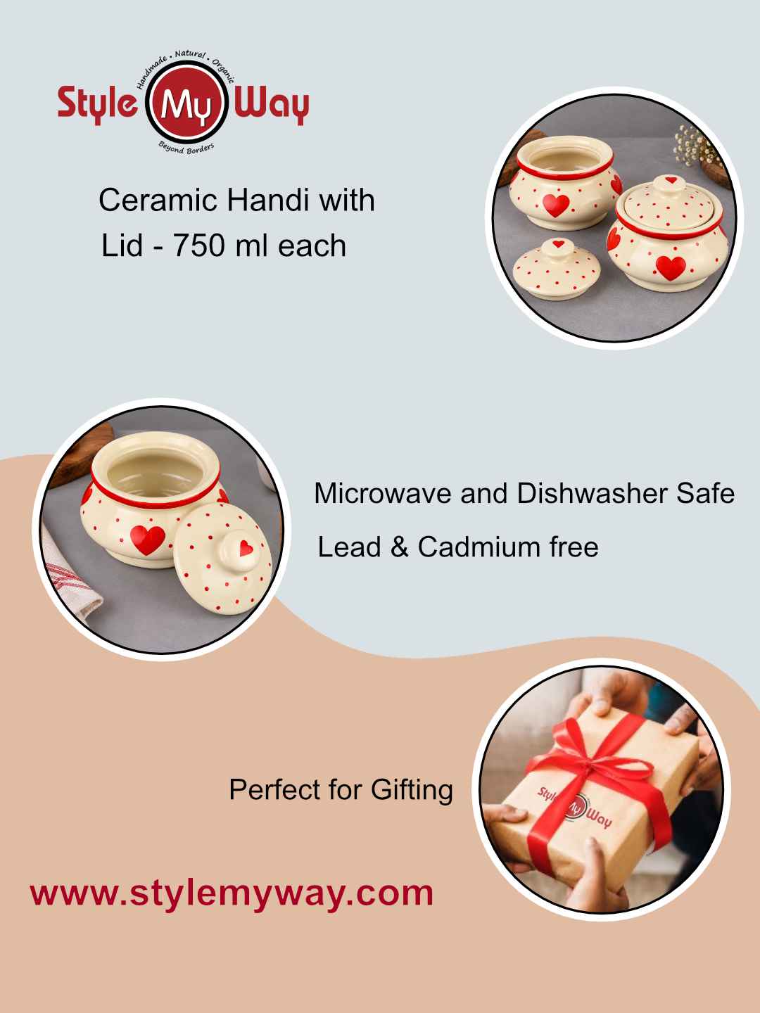 Ceramic Heart Design Handi with Lid - Red - White - 750 ml each - Set of 2