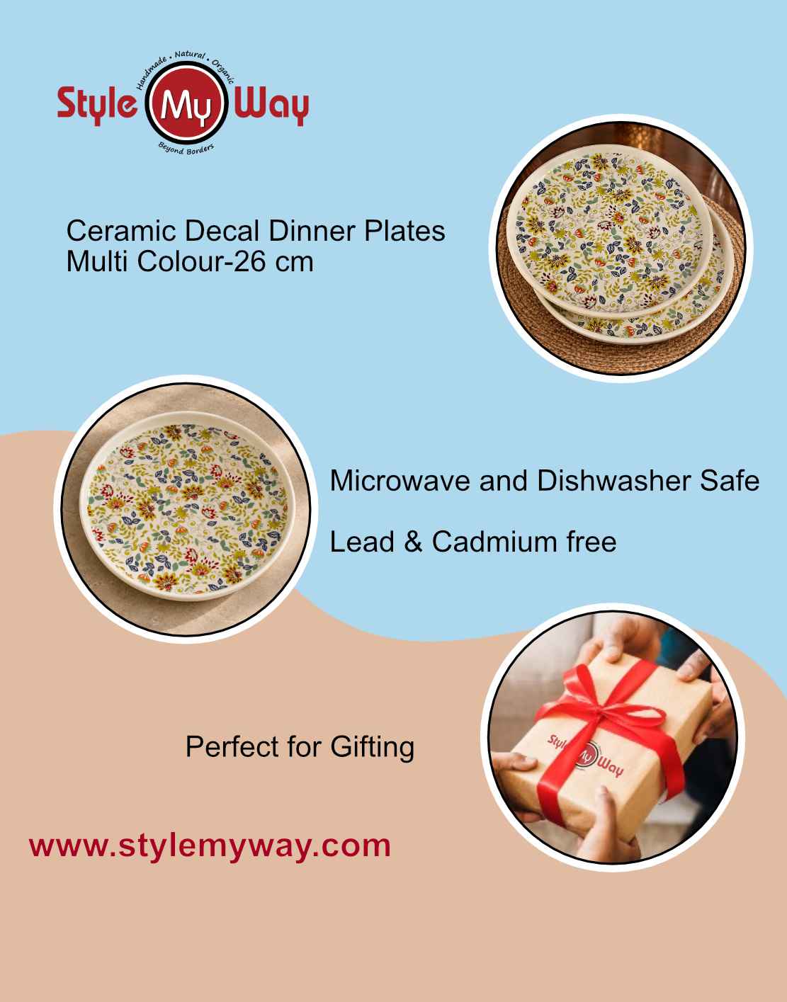 Ceramic Decal Dinner Plates with Raised Rim- Set of 2- Multicolor-26 cm