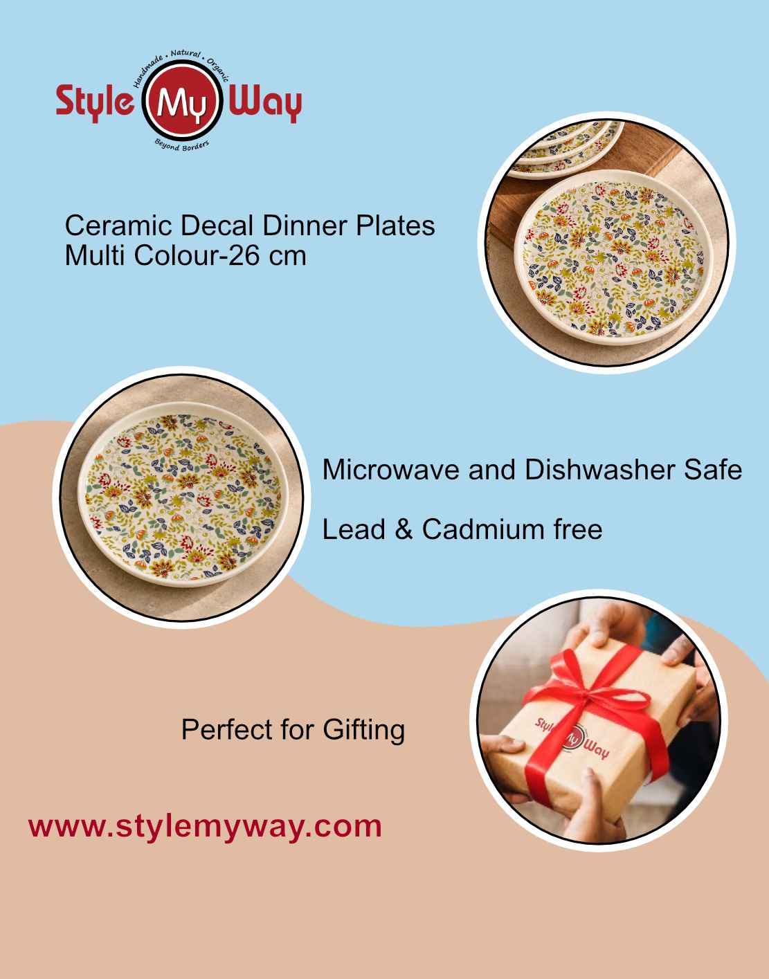 Ceramic Decal Dinner Plates with Raised Rim- Set of 4- Multicolor-26 cm