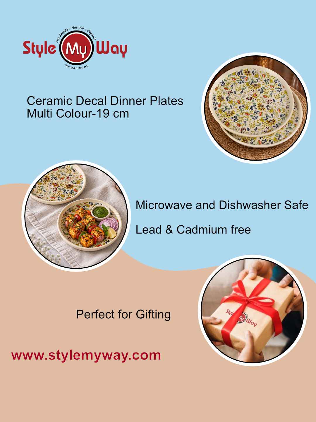 Ceramic Decal Quarter Plates with Raised Rim - Set of 4 - Multicolor-7.5 inches