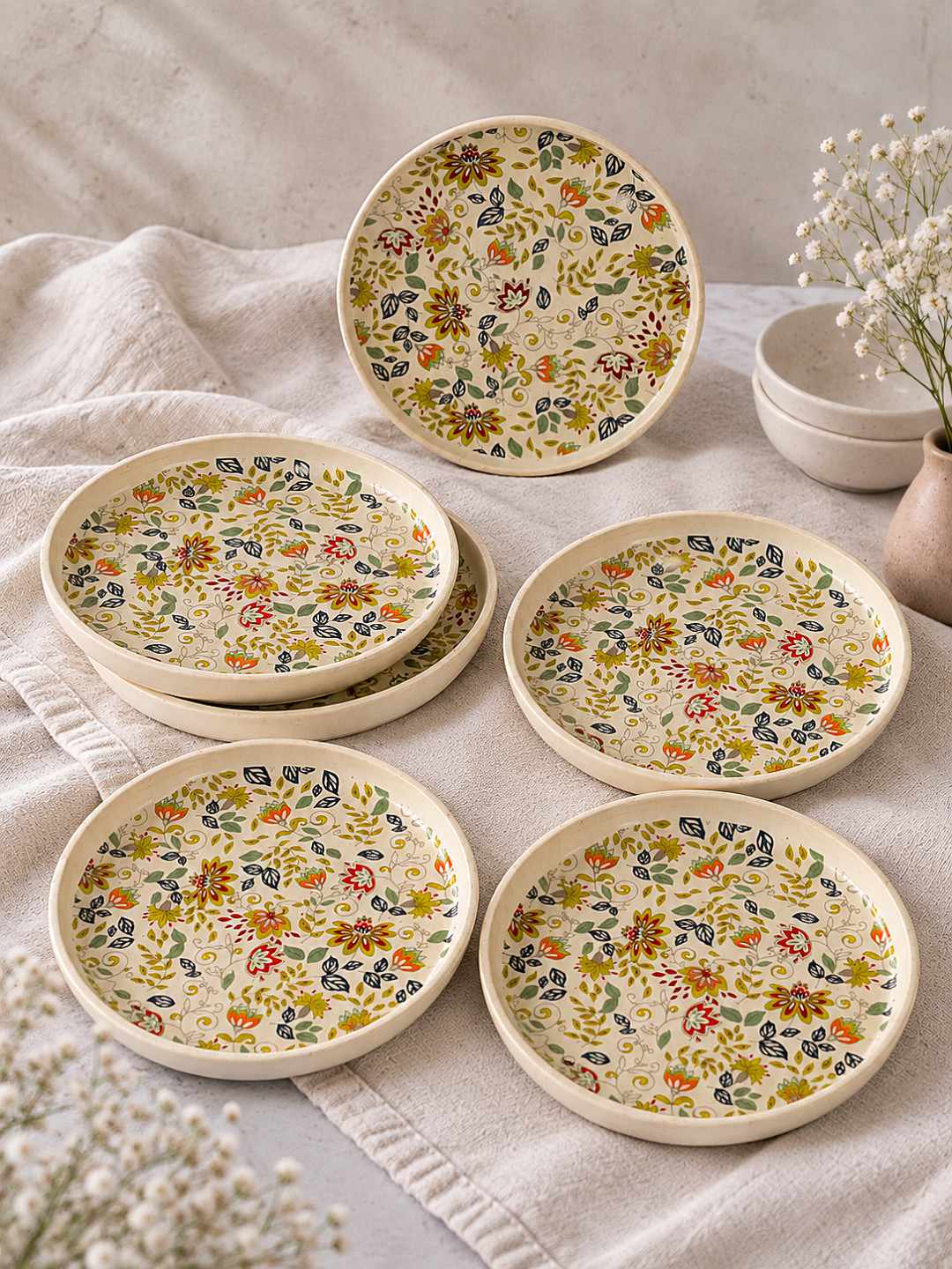 Ceramic Decal Quarter Plates with Raised Rim - Set of 6 - Multicolor - 7.5 inches