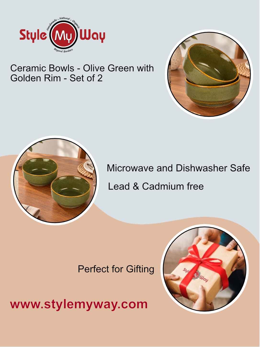 Ceramic Bowls - Olive Green with Amber Rim - Set of 2 - 4 inches - 250 ml each - 210 gm each