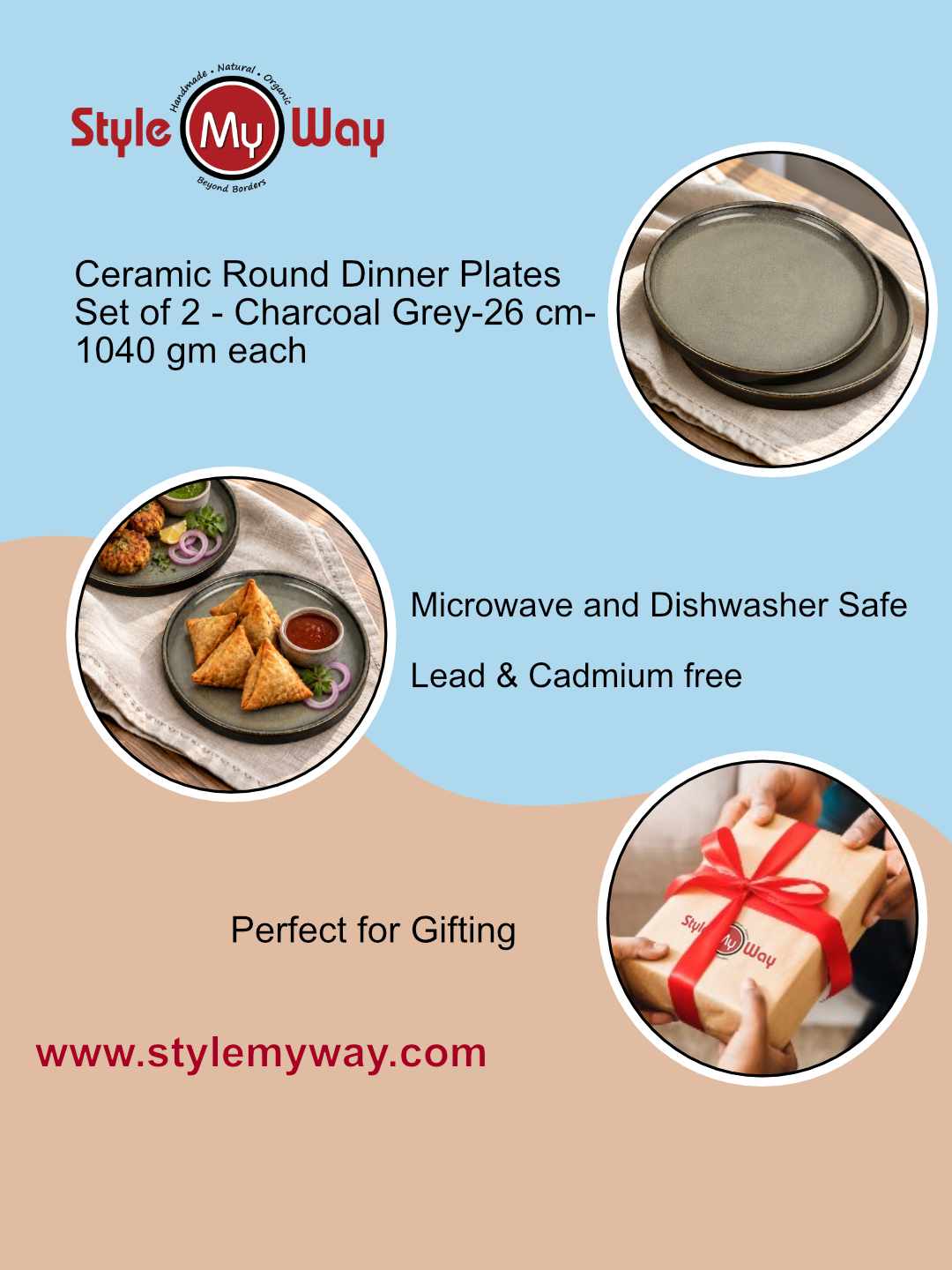 Ceramic Dinner Plates with Raised Rim - Set of 2 - Charcoal Grey - 26 cm - 1040 gm each