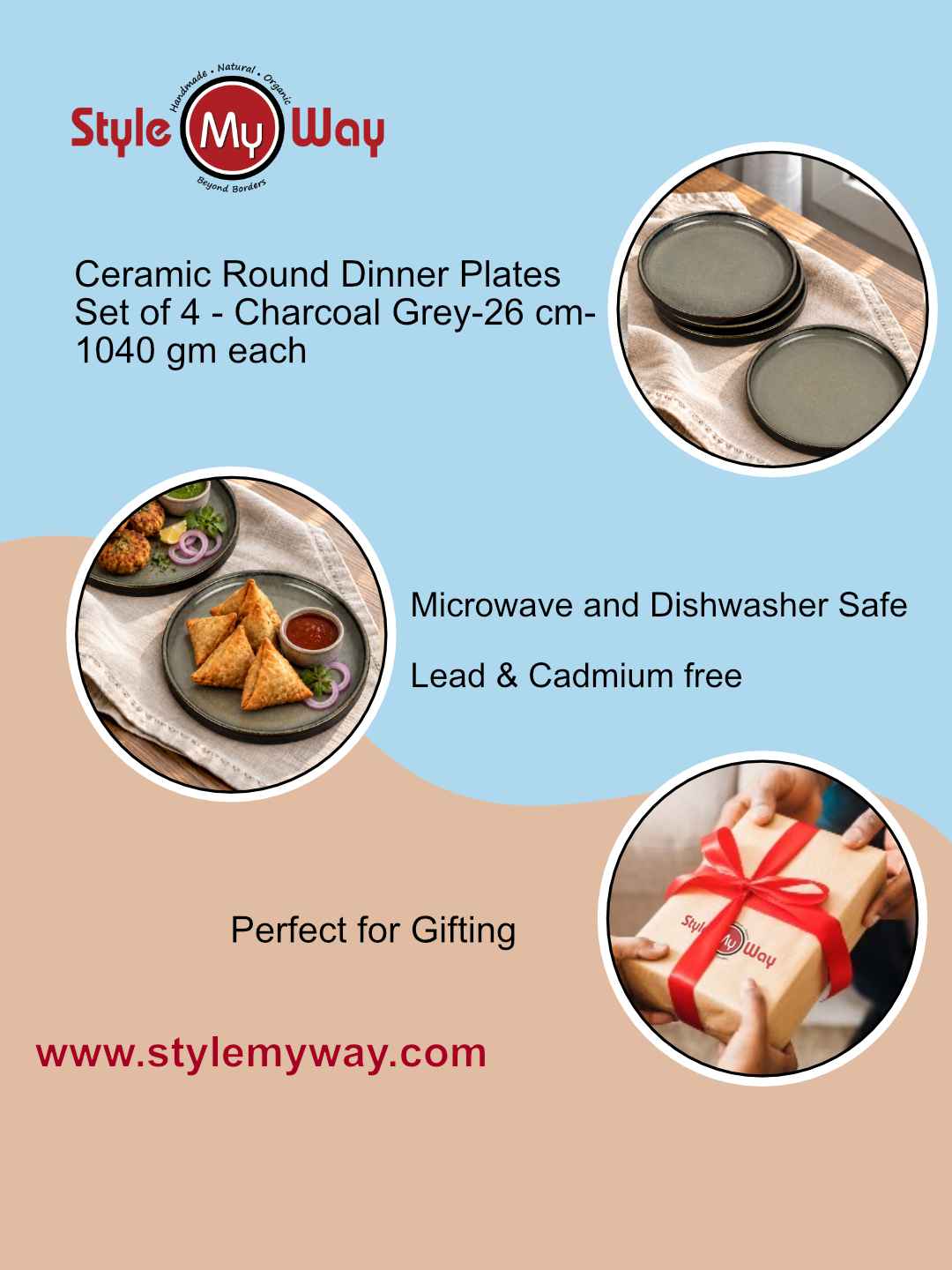 Ceramic Dinner Plates with Raised Rim - Set of 4 - Charcoal Grey - 26 cm - 1040 gm each