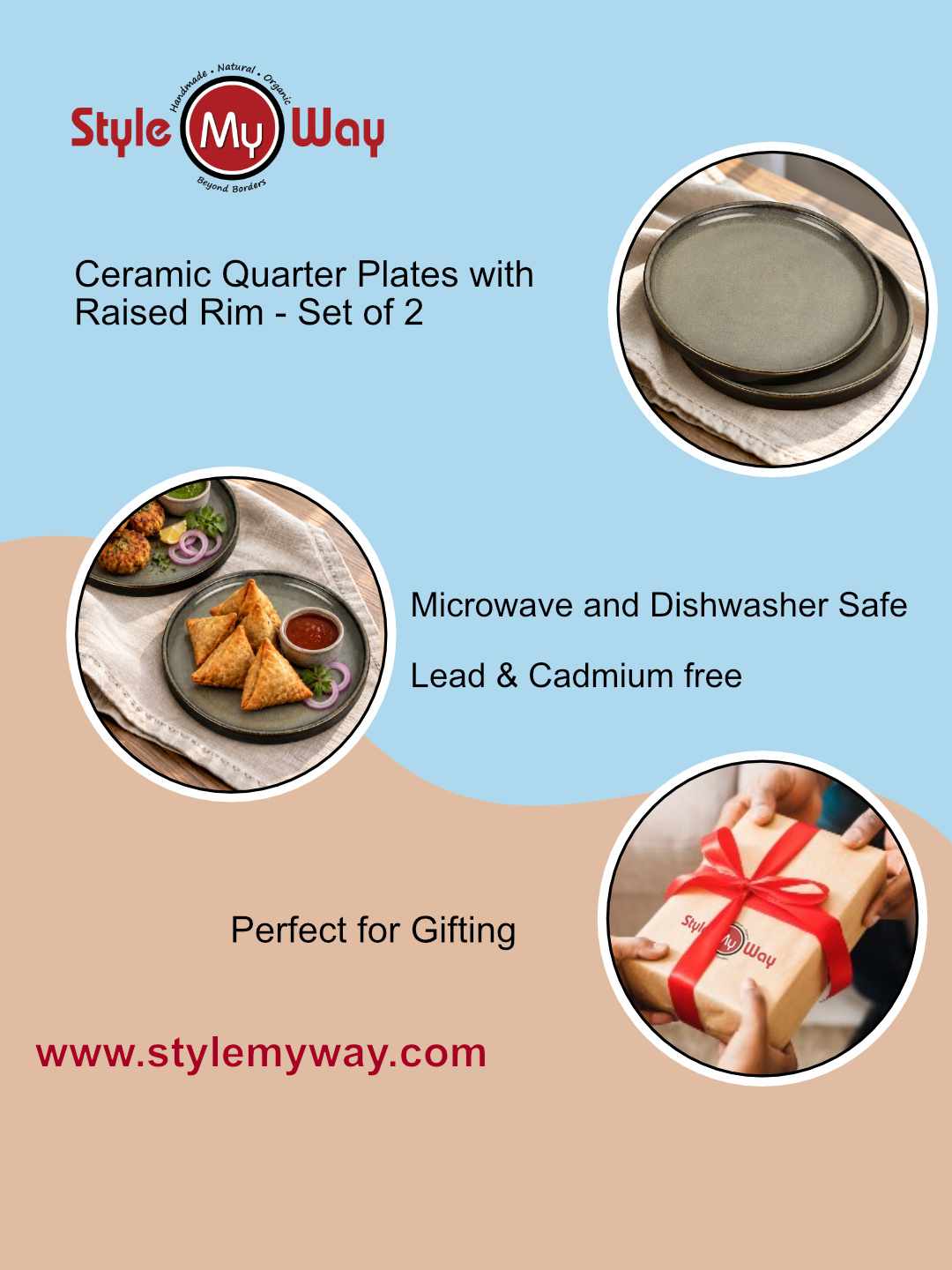 Ceramic Quarter Plates with Raised Rim - Set of 2 - Charcoal Grey - 19 cm - 1040 gm each