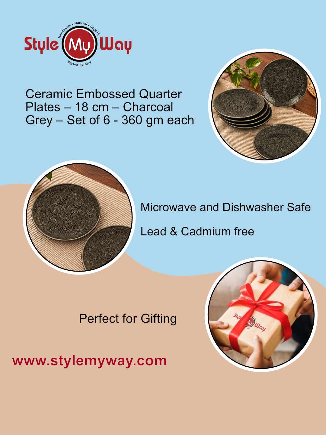 Ceramic Embossed Quarter Plates – 18 cm – Charcoal Grey – Set of 6 - 360 gm each