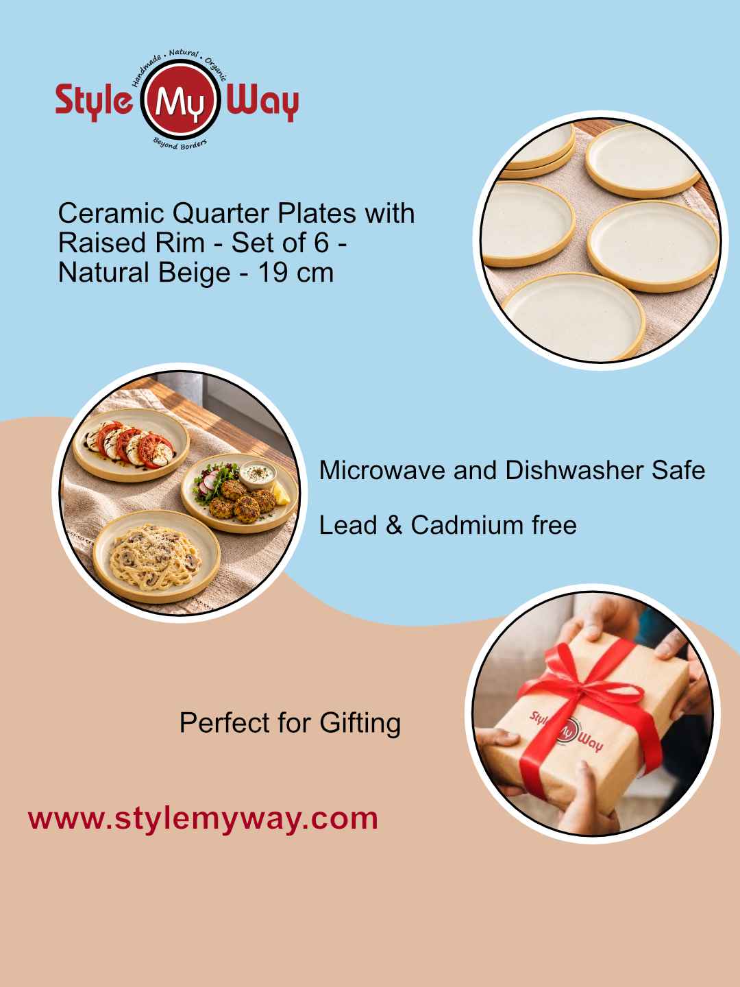 Ceramic Quarter Plates with Raised Rim - Set of 6 - Natural Beige - 19 cm