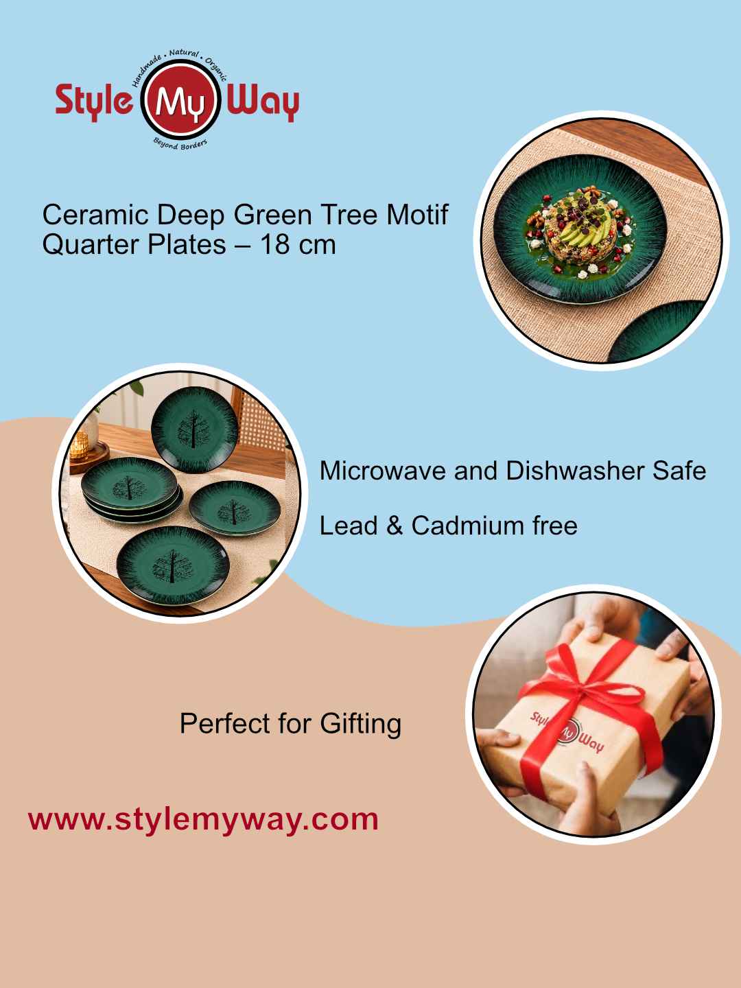Ceramic Deep Green Tree Motif Quarter Plates – 18 cm – Green Black – Set of 6 - 400 gm each