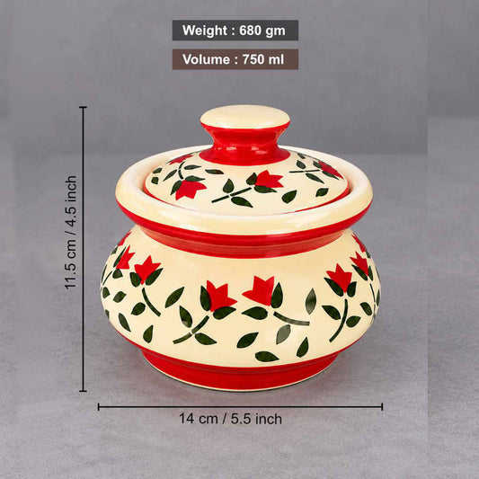 Ceramic Handi with Lid - Ivory - Red - Green - 750 ml - Set of 2