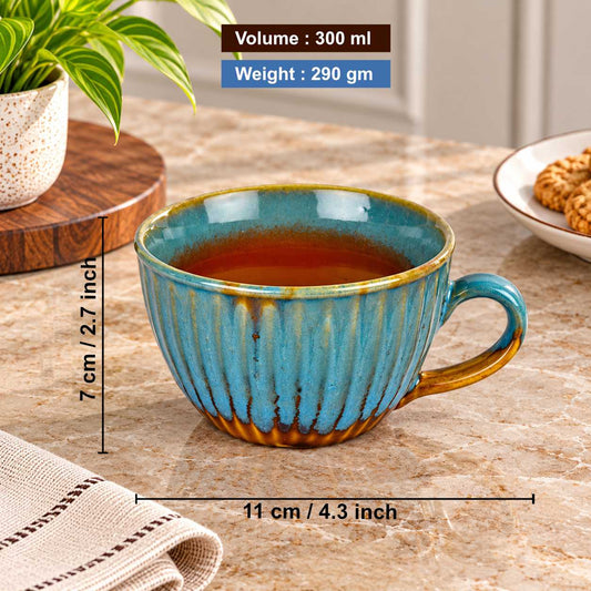 Studio Pottery Hand Glazed Dual Tone Ceramic Soup Cup with Spoon (300 ml each, Set of 4, Teal and Sand yellow )