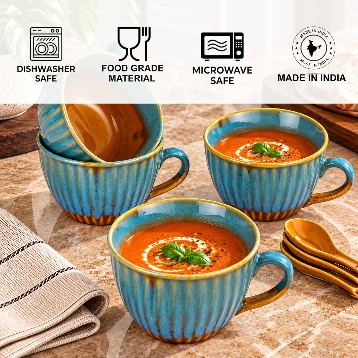 Studio Pottery Hand Glazed Dual Tone Ceramic Soup Cup with Spoon (300 ml each, Set of 4, Teal and Sand yellow )