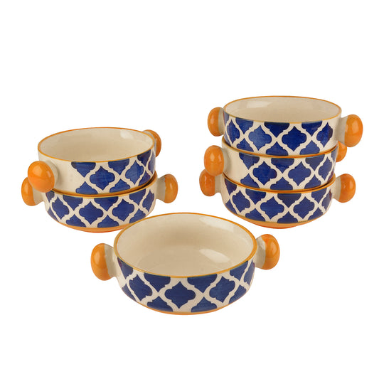 Ceramic Hand Painted Mughal Design Soup Bowls with Handle (300 ml, Set of 6, Blue and Yellow) - View 2