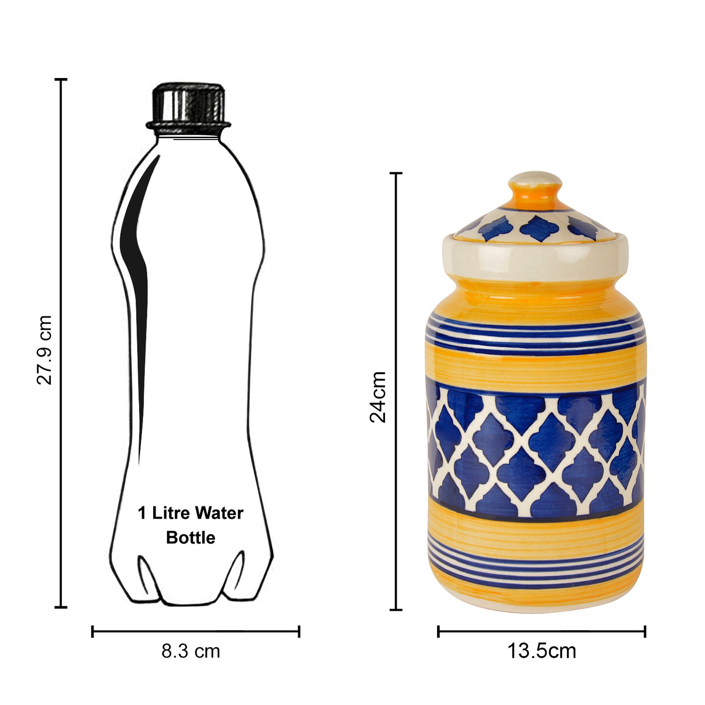 Handpainted Ceramic Jar (Burni) Set with Lid (3000 ml, Blue and Yellow) - View 6