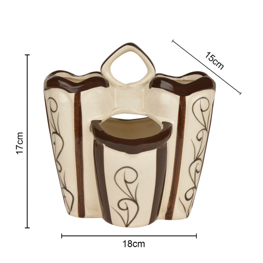 Handpainted Ceramic Kitchen Cutlery Stand (Brown and White) - View 2