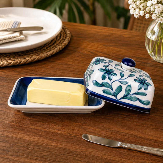 Hand Painted Ceramic Butter Dish with Lid (Blue and White, Height - 8 cm)