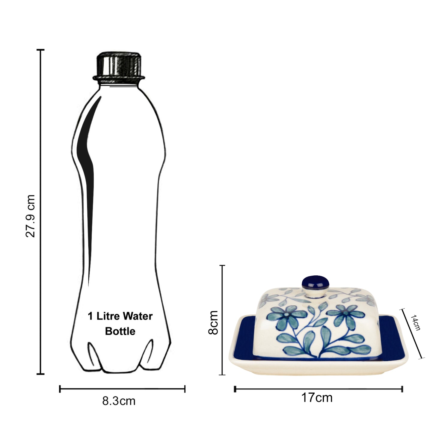 Hand Painted Ceramic Butter Dish with Lid (Blue and White, Height - 8 cm) - View 6