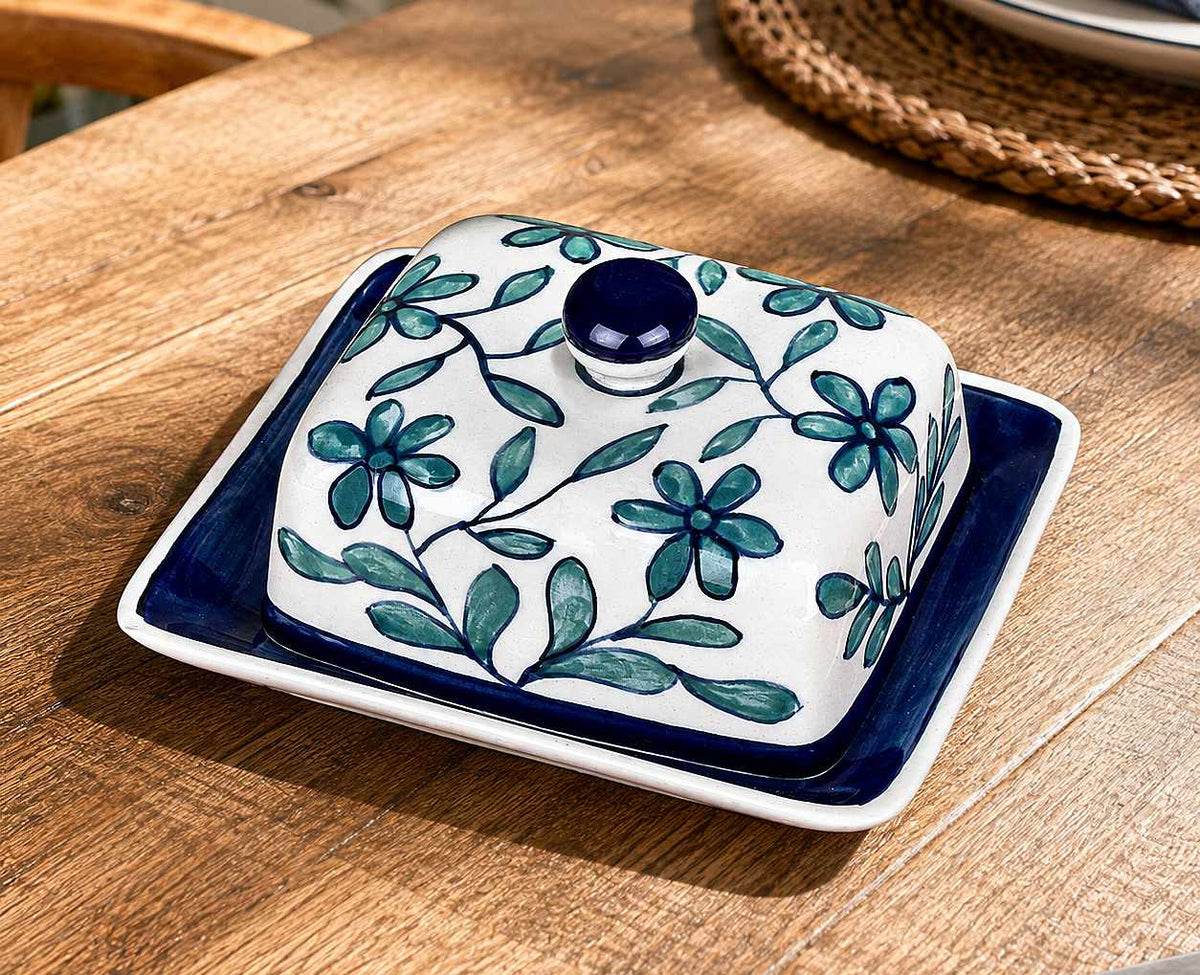 Hand Painted Ceramic Butter Dish with Lid (Blue and White, Height - 8 cm)