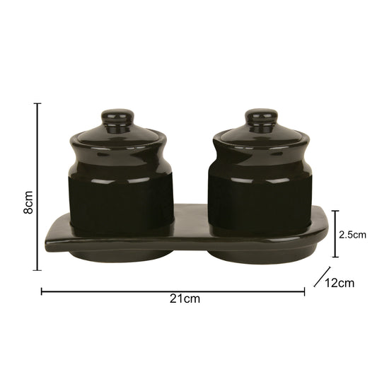 Hand Glazed Ceramic Pickle Serving Jar Set with Tray (Set of 2, Black , 200 ml each) - View 2