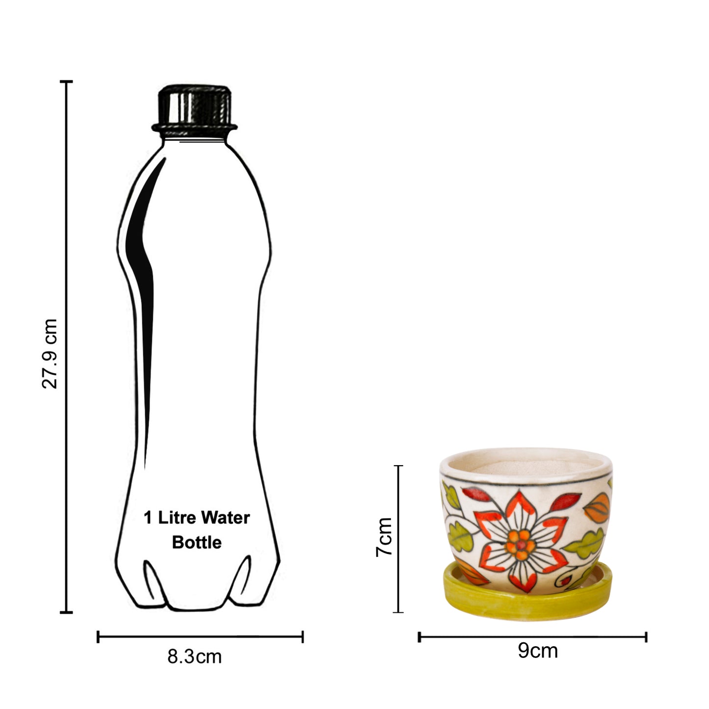 Hand Painted Ceramic Planter Pot with Tray (White and Green, Diameter - 9 cm, Height - 7 cm) - View 6