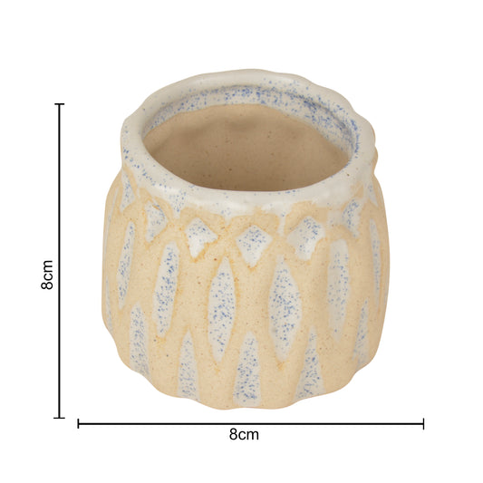 Hand Painted Dual Tone Ceramic Planter Pot (Beige and Blue, Diameter - 8 cm, Height - 8 cm) - View 2