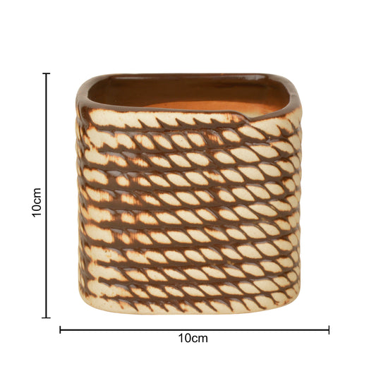 Hand Painted Ceramic Planter Pot (Beige and Brown, Diameter - 10 cm, Height - 10 cm) - View 2