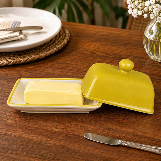 Glazed Ceramic Butter Dish with Lid (Lime Green, Height - 8 cm)