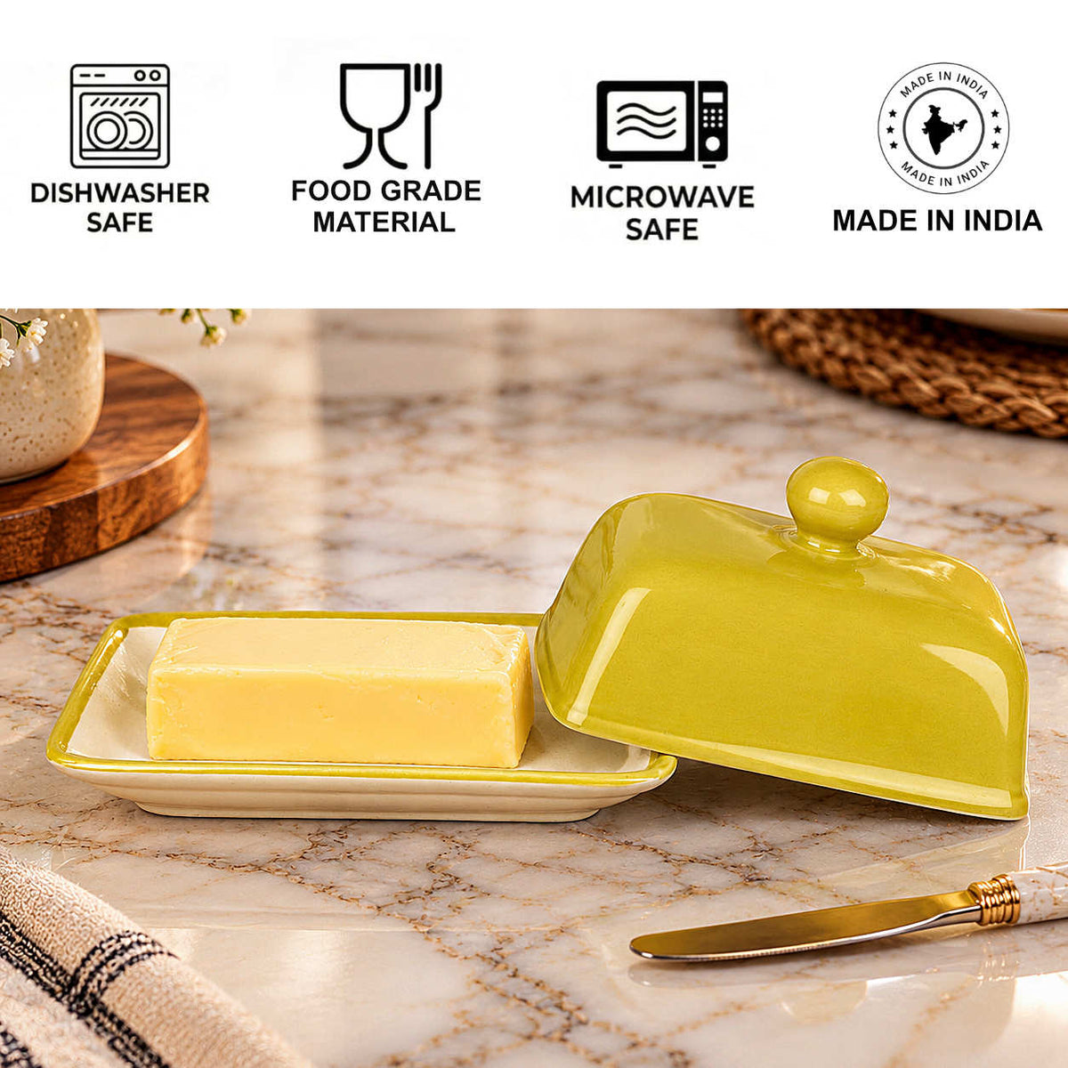 Glazed Ceramic Butter Dish with Lid (Lime Green, Height - 8 cm)