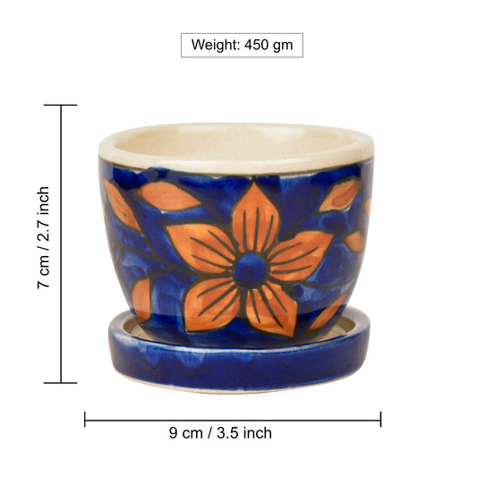 Hand Painted Ceramic Planter Pot with Tray (Blue and Brown, Diameter - 9 cm, Height - 7 cm) - View 2